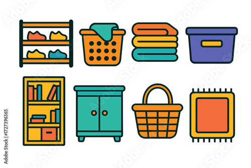Minimalist Home Icons. Home organization in modern flat vector : shoe rack, laundry basket, folded towels, storage bin, bookshelf, cabinet, basket,