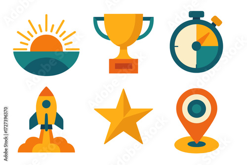 Personal Growth Icons. Personal growth set of icons in abstract flat : sunrise, trophy, stopwatch, rocket launch, star, goal marker