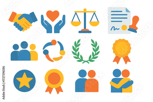 Trust Symbols Collection. Basic trust exchange in modern flat vector : handshake, open hands, heart symbol, balance scale, agreement document,