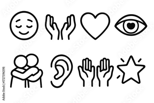 Emotional Care Icons. Emotional care icons in outline style: relief, open hands, heart, caring eyes, supportive hug, listening ear, raised hands,