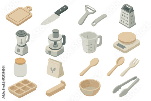 Isometric Kitchen Tools. Snack prep tools set icons in modern isometric flat : cutting board, knife, peeler, grater, blender, food processor,