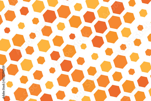 Hexagon pattern with honeycomb, cartoon bees. Vector illustration, geometric texture. Design template for invitation, card. Doodle style. Background with copy space.