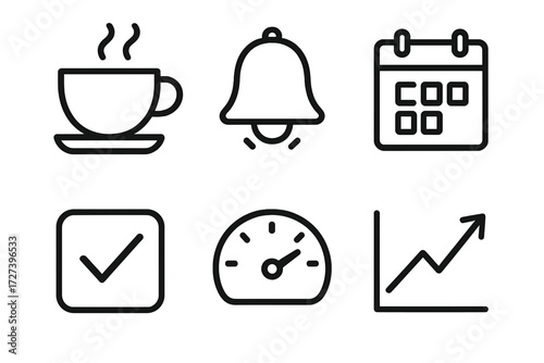 Essential Productivity Icons. Daily shortcuts icons in outline style: coffee cup, alarm bell, planner sheet, ticked box, speedometer, rising graph