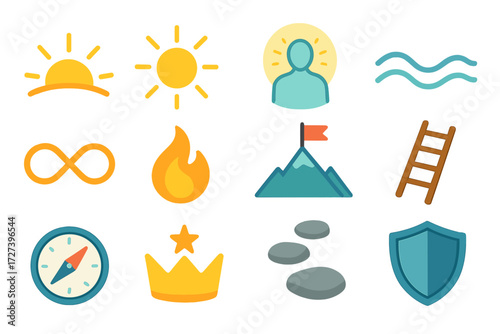 Symbolic Guide Icons. Symbolic helpful guide set icons in modern isometric flat : sunrise horizon, radiant sun, glowing aura, harmony wave, infinity