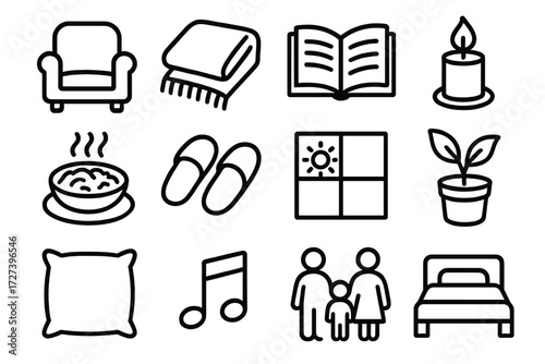 Cozy Life Icons. Daily contentment icons in outline style: cozy chair, blanket, book, candle, warm meal, slippers, window with sun, plant pot, pillow