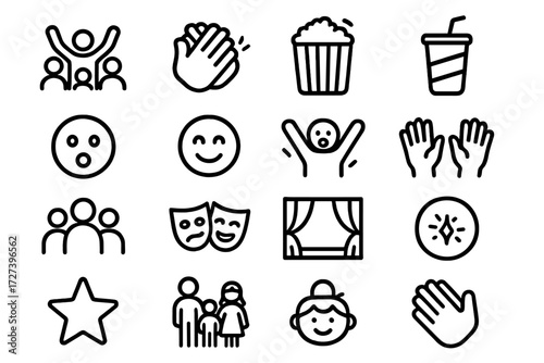 Cinema Audience Icons. Audience reaction icons in outline style: cheering crowd, clapping hands, popcorn bucket, soda cup, shocked face, smiling face