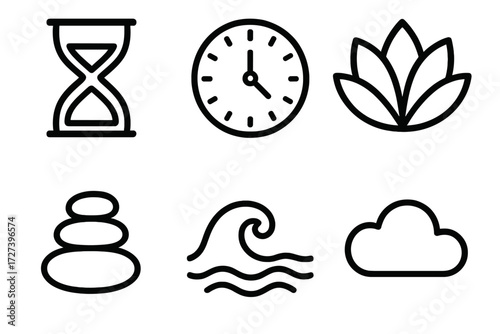 Calm Icon Set. Calm waiting icons in outline style: hourglass, clock, lotus flower, pebble stack, calm wave, cloud