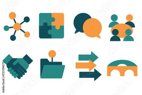 Collaborative Icons Set. Collaborative decision-making set of icons in abstract flat : connected nodes, puzzle pieces, dialogue bubbles, round table,