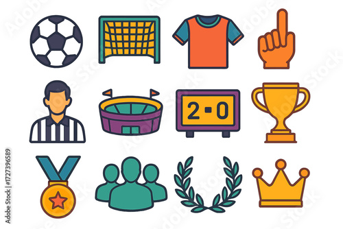 Vibrant Sports Icons. Sports kickoff point in modern flat vector : soccer ball, goal net, jersey, foam finger, referee, stadium, scoreboard, trophy,