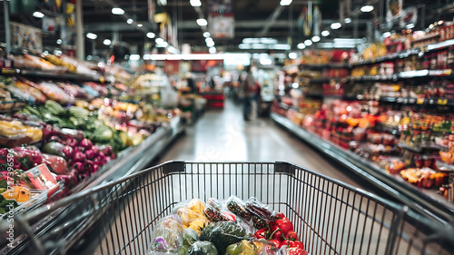 POV of a Shopping Cart Filled with Fresh Produce in a Supermarket Aisle