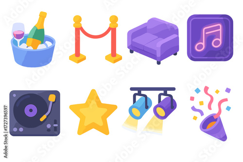 Isometric Club Icons. Club vibes set icons in modern isometric flat : bottle service, VIP rope, sofa lounge, neon sign, DJ turntable, glowing star,