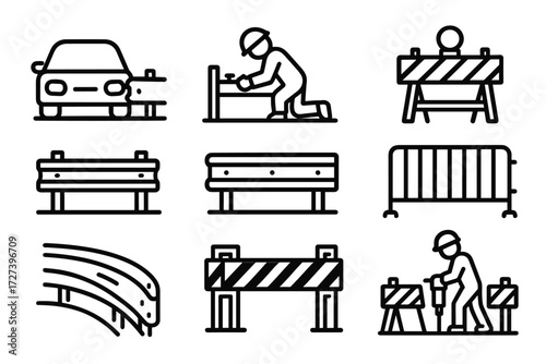Construction Zone Barriers. Situations icons in outline style: car near crash barrier, worker installing barrier, construction zone with barricade,
