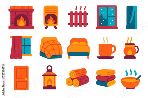 Cozy Home Essentials. Home prep in modern flat vector : fireplace, space heater, radiator, hot water kettle, insulated window, heavy curtain, thick