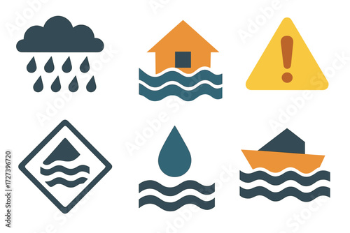 Flood Warning Icons. Flood symbols set of icons in abstract flat : heavy rain, rising water, house with flood, warning triangle, road sign, droplet,