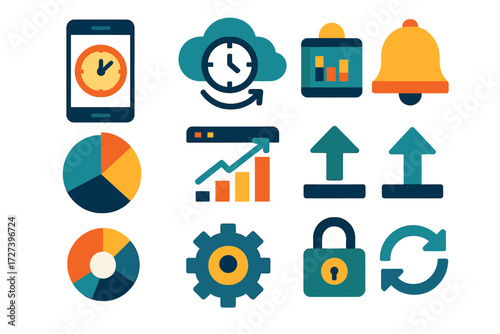 Digital Time Tracking Icons. Digital time tracking set of icons in abstract flat : smartphone app timer, cloud sync with clock, dashboard with