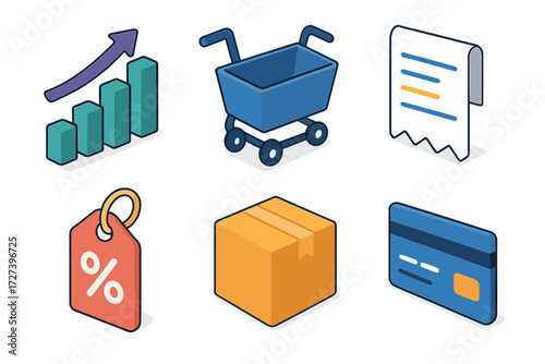 Isometric E-commerce Icons. E-commerce set icons in modern isometric flat : scalable gains, shopping cart, receipt, discount tag, package, credit card