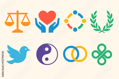 Symbols of Unity. Symbols in modern flat vector : balanced scale, heart with hands, circle of people, laurel wreath, dove icon, harmony symbol, linked