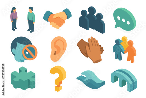 Social Shyness Isometric Icons. Social shyness set icons in modern isometric flat : two people apart, handshake hesitation, group silhouettes, speech