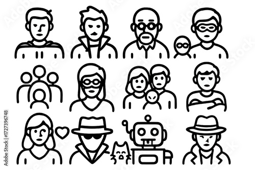 Character Icon Collection. Characters icons in outline style: hero figure, villain figure, mentor, sidekick, group avatars, masked character, family