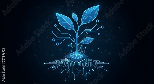 Digital glowing blue plant growing from a microchip CPU with circuit traces. Integration of nature and technology in bio-computing and AI.