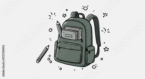 Gray Backpack with Books and Pencil on White, School Supplies Illustration