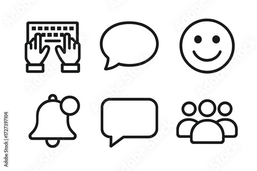 Communication Icons. Communication icons in outline style: typing hands, chat bubble, smile emoji, notification bell, speech bubble, group icon