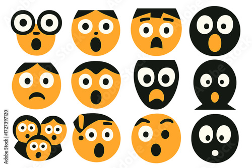 Abstract Surprised Emoji Set. Facial expressions set of icons in abstract flat : wide eyes, open mouth, gasp face, raised eyebrows, shocked emoji,