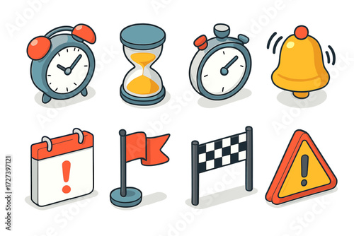 Deadline Symbol Icons. Deadline markers set icons in modern isometric flat : alarm clock, hourglass, stopwatch, ringing bell, calendar with