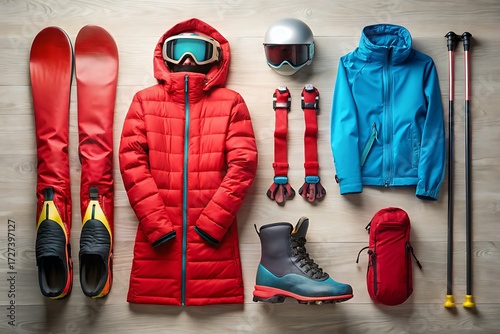 Skiing equipment laid out on a wooden floor winter