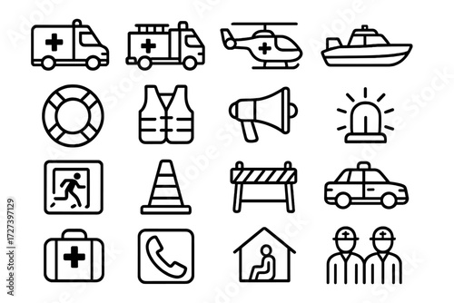 Emergency Icons Collection. Emergency response icons in outline style: ambulance, fire truck, rescue helicopter, rescue boat, lifebuoy, life jacket,