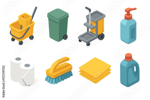 Janitorial Kit Icons. Janitorial kit set icons in modern isometric flat : mop bucket with wringer, trash bin, cart, disinfectant bottle, paper towels,