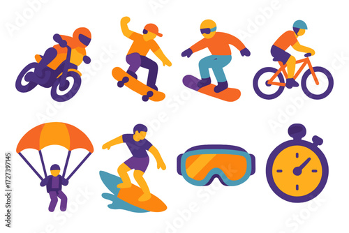 Extreme Sports Icons. Extreme sports in modern flat vector : motorbike lean, skateboard, snowboard, mountain bike, parachute, surfboard, goggles,