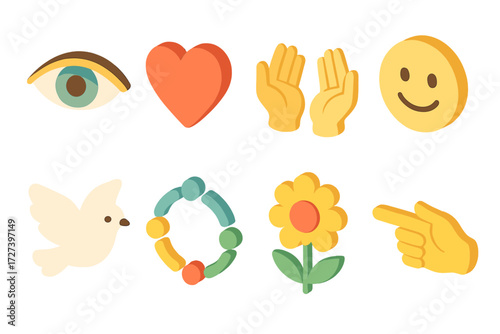 Compassionate Icon Set. Compassionate gaze set icons in modern isometric flat : caring eyes, heart, open hands, smile face, dove, unity circle, flower