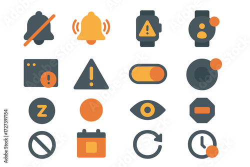 Notification Icons. Notification symbols set of icons in abstract flat : muted bell, reminder bell, phone vibration, smartwatch alert, pop-up window