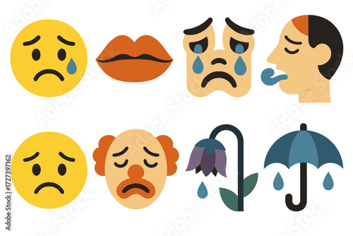 Cartoon Sad Icons. Cartoon sad visuals set of icons in abstract flat : sad face with tear, pouty lips, sobbing eyes, dramatic sigh, sad emoji circle,