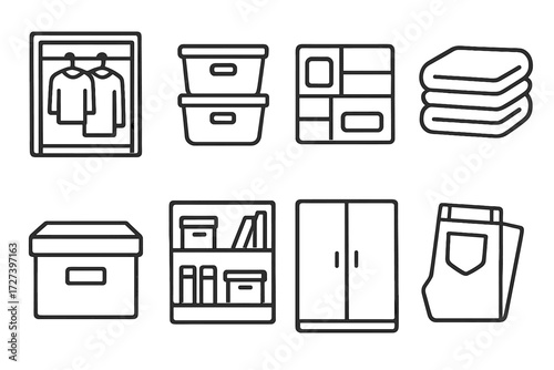 Home organization linear icons set. featuring closet, bins, shelves, boxes, towels, and wardrobe symbols