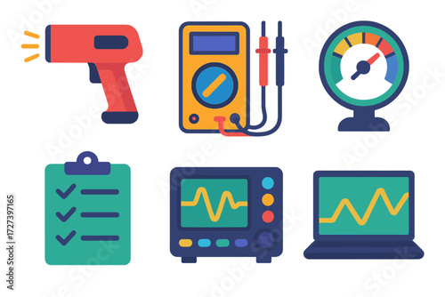 Diagnostic Tools Icons. Diagnostic tools in modern flat vector : timing light, multimeter, gauge, oscilloscope, checklist, laptop