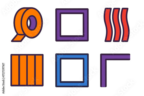 Minimal Icons. Clean lines in modern flat vector : tape roll, square, stripe design, wall panel, border frame, corner strip