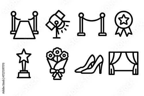 Glamour Event Icons. Event glamour icons in outline style: red carpet, spotlight, velvet rope, star badge, trophy, bouquet, elegant shoes, stage