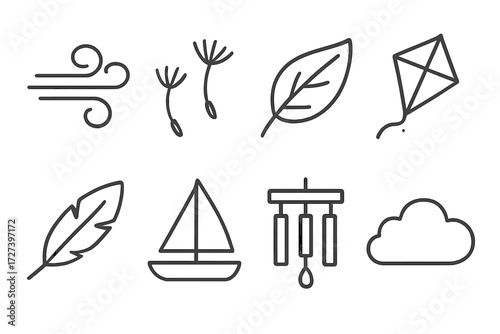 Wind Icon Set. Gentle wind icons in outline style: swirl lines, dandelion seeds, fluttering leaf, paper kite, feather, sailboat, wind chime, soft