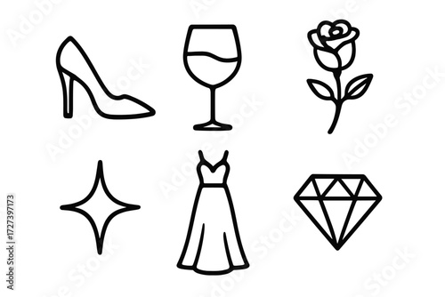 Elegant Icon Set. Elegant style icons in outline style: high heels, wine glass, rose, star, gown, diamond