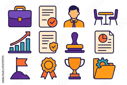 Business Success Icons. Business profit zone in modern flat vector : briefcase, contract paper, supervisor figure, meeting table, growth chart, policy