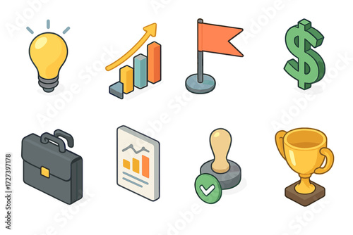 Isometric Strategy Icons. Business strategy set icons in modern isometric flat : lightbulb idea, rising graph, milestone flag, dollar sign, briefcase,
