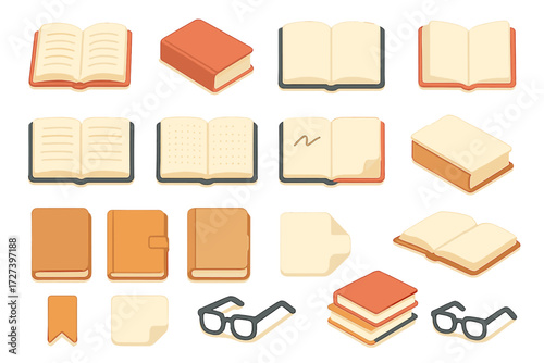 Isometric Book Icon Set. Book basics set icons in modern isometric flat : open book, closed book, two-page spread, blank pages, lined pages, dotted
