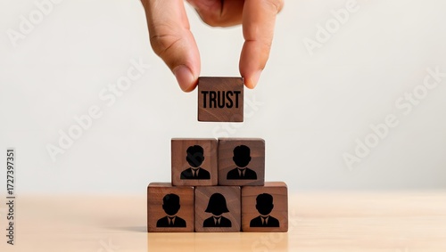Wooden Blocks with Trust Symbol on Team Pyramid
