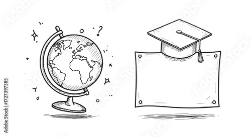 Sketch Style Globe and Graduation Cap Doodle on White Background