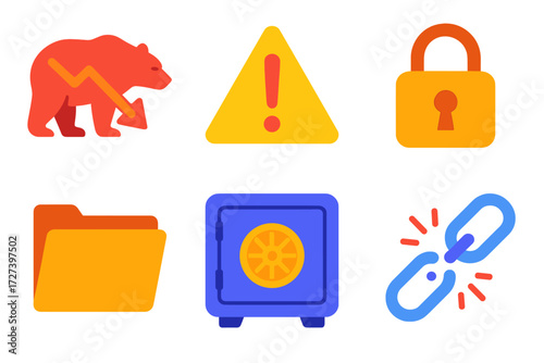 Modern Business Risk Icons. Business risks in modern flat vector : bear market, warning triangle, lock, safe box, folder, broken chain
