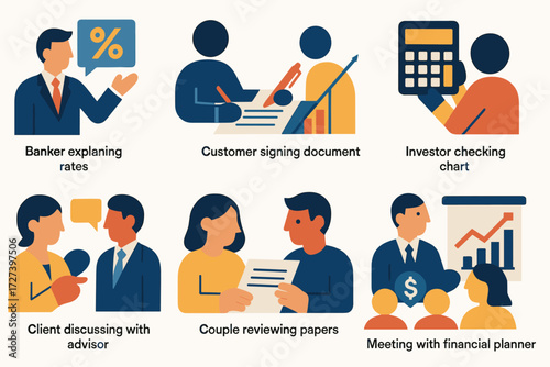 Financial Icons Set. Situations set of icons in abstract flat : banker explaining rates, customer signing document, investor checking chart, person