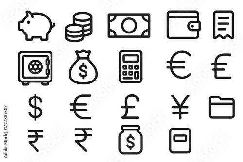 Money Basics Icons. Money basics icons in outline style: piggy bank, coin stack, paper bills, wallet, safe vault, money bag, calculator, receipt,