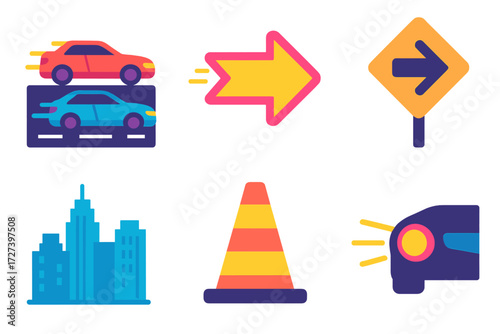 Neon City Street Racing. Street racing in modern flat vector : overtake move, neon arrow, road sign, city skyline, cone, car light